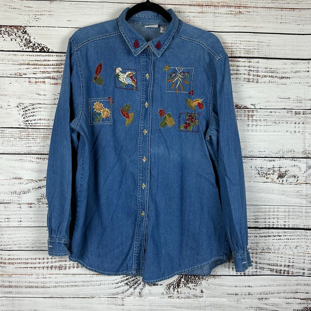 Vintage Bobby Brooks Blue Chambray Button Up Fall Leaf Embroidered Top Womens L